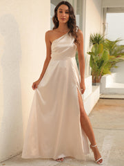 One Shoulder Split Bridesmaid Prom Dress Solid Guest Evening Gown