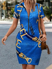 V Neck Zipper Print Slim Dress Casual Short Sleeve Waist Summer Bodycon Dresses