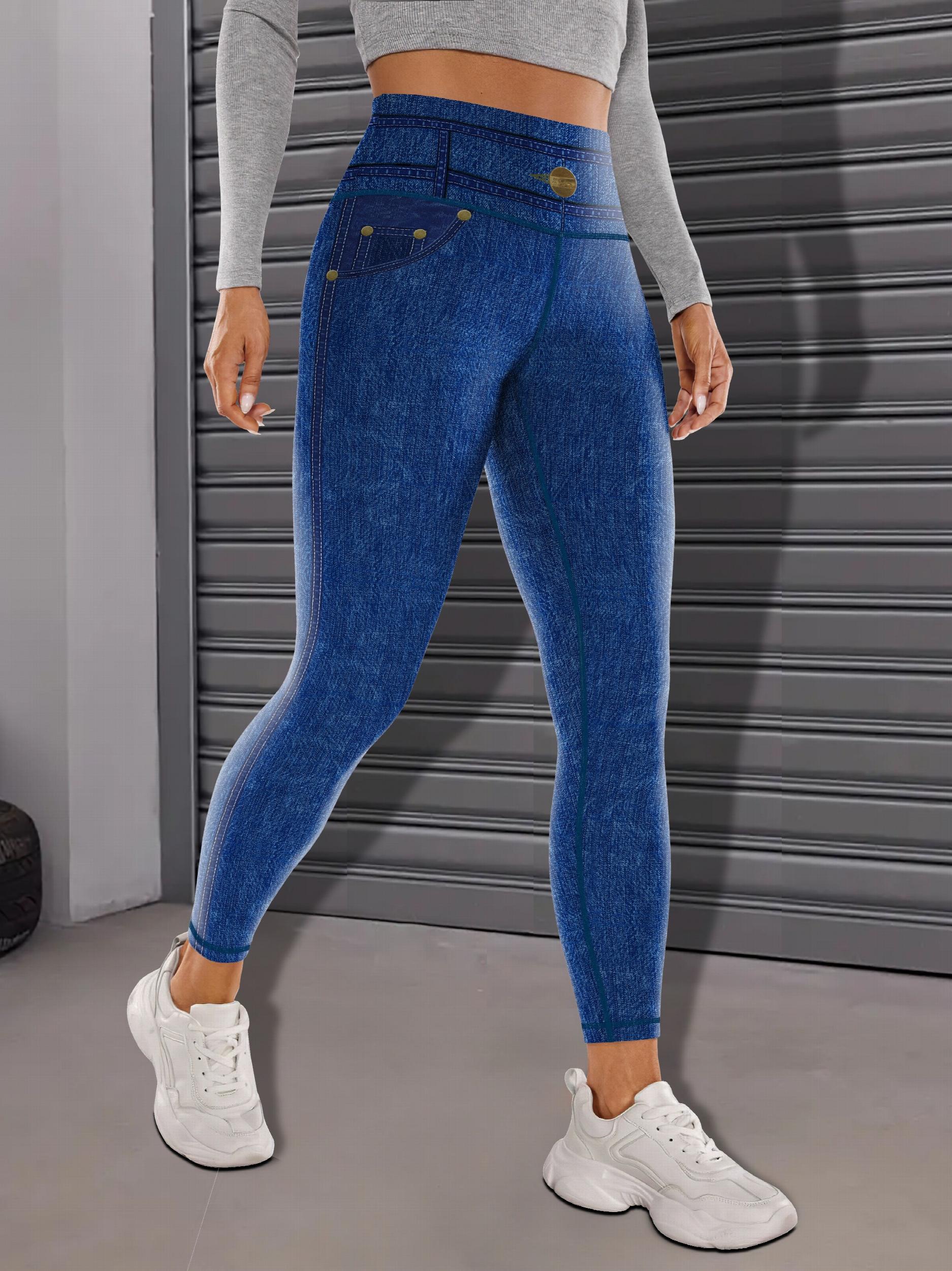 Faux Denim Print Yoga Leggings Tummy Control High Waist Workout Pants Activewear