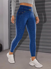 Faux Denim Print Yoga Leggings Tummy Control High Waist Workout Pants Activewear