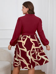 Plus Size Colorblock Abstract Stripe Lantern Sleeve Dress