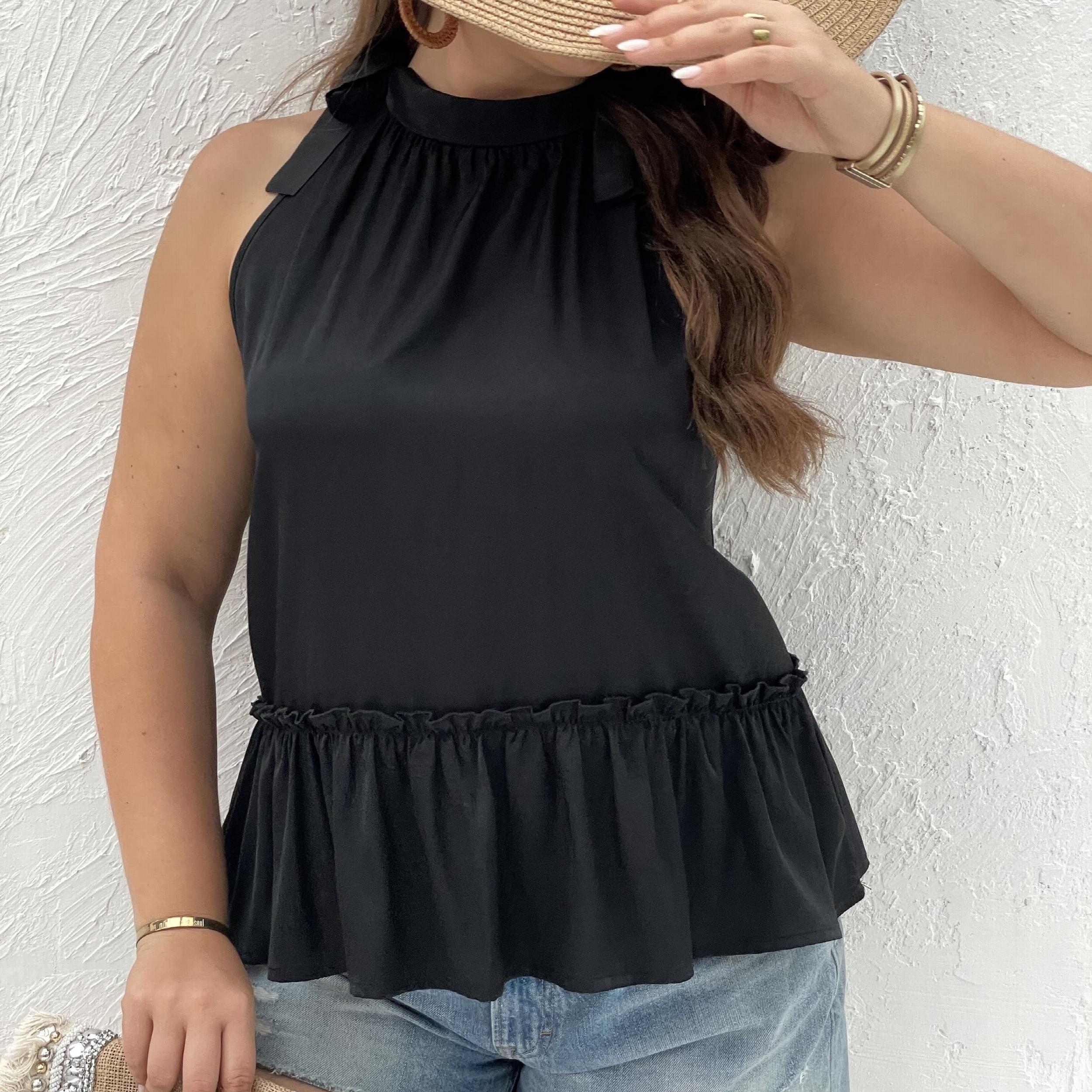 Solid Ruffle Trim Knot Halter Neck Tank Top