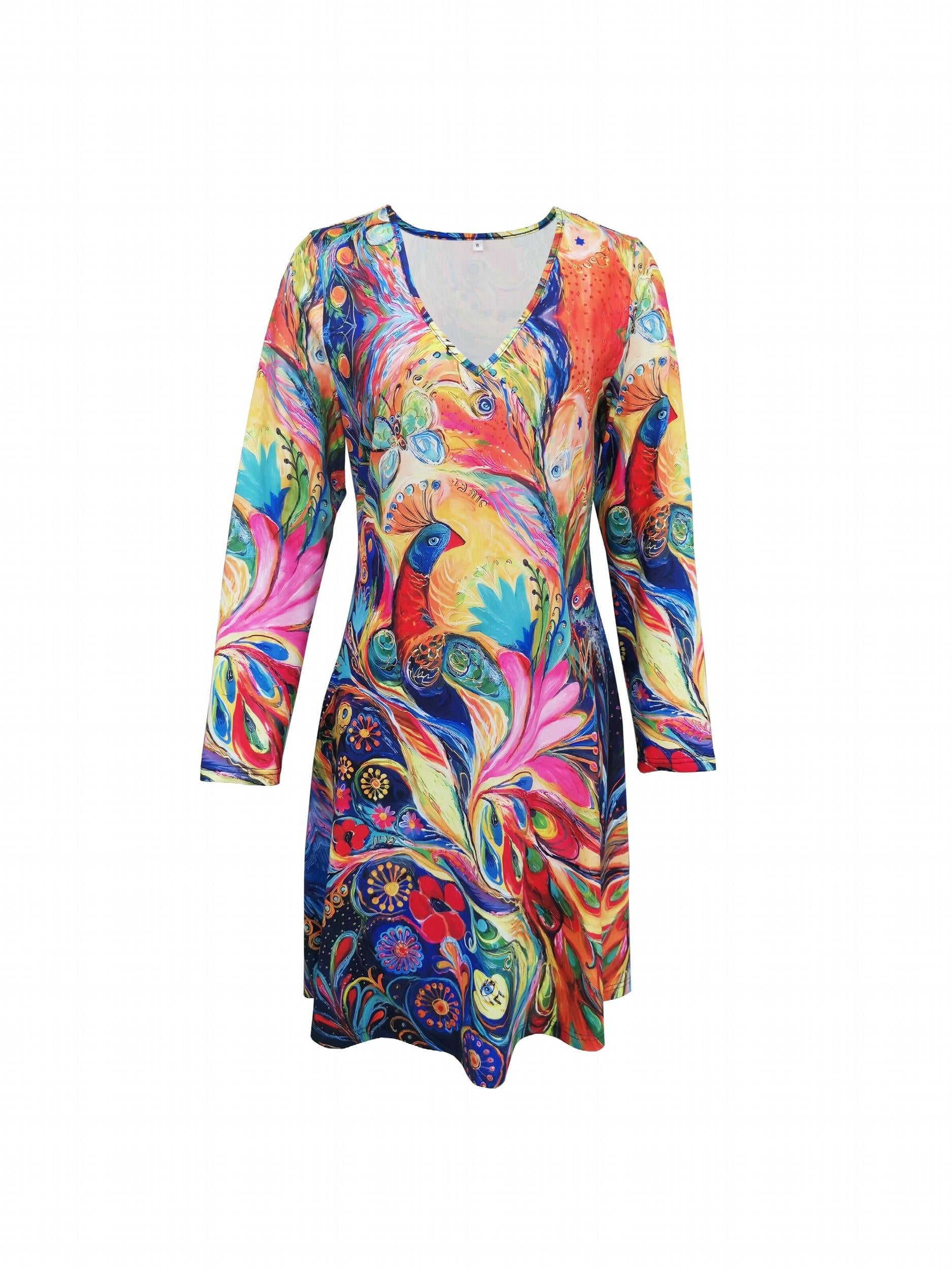 Peacock Print V Neck Dress Casual Long Sleeve Mini Dress