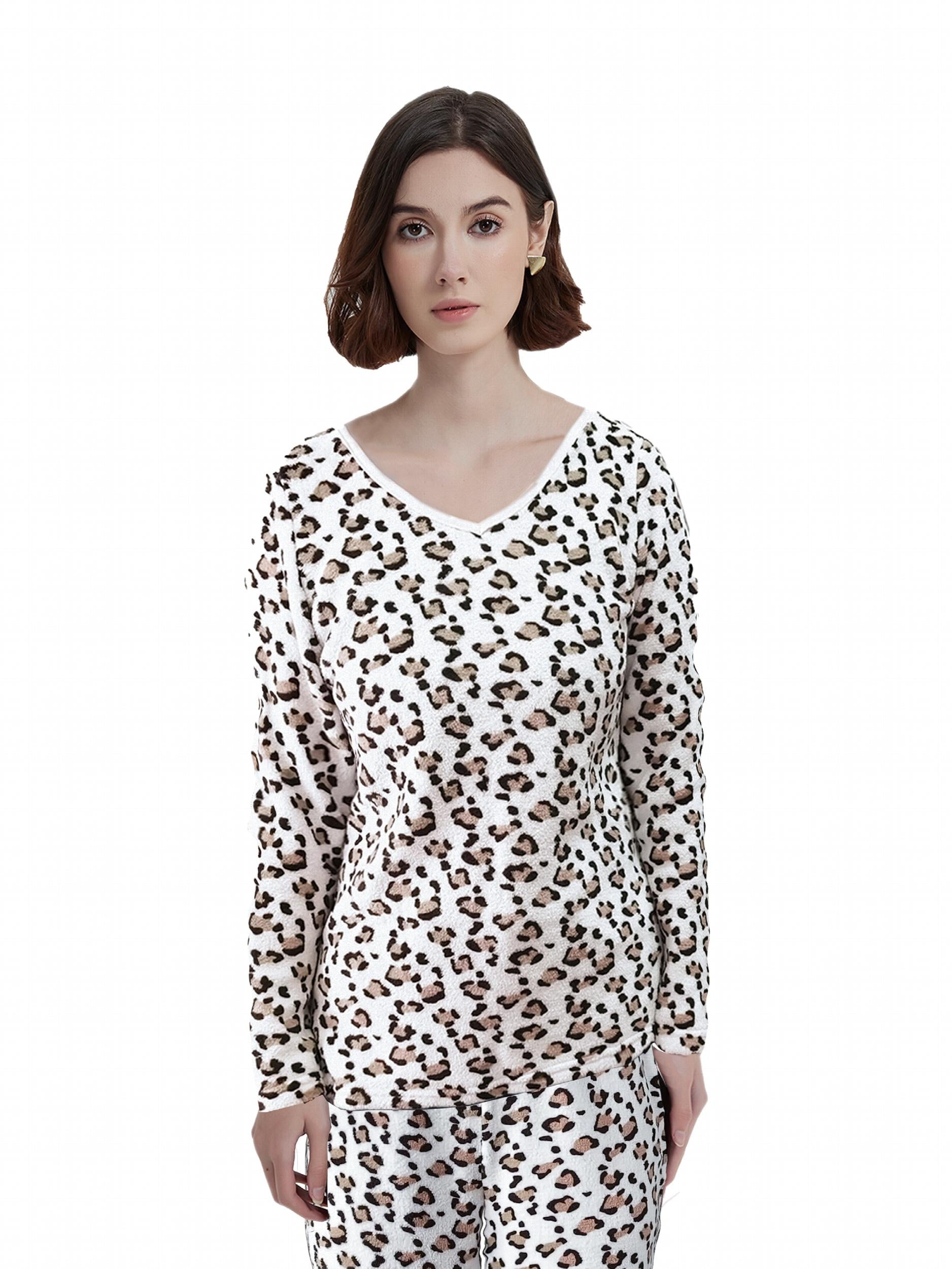 Leopard Print Lounge Top Cozy V Neck Flannel Women's Loungewear