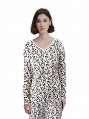 Leopard Print Lounge Top Cozy V Neck Flannel Women's Loungewear