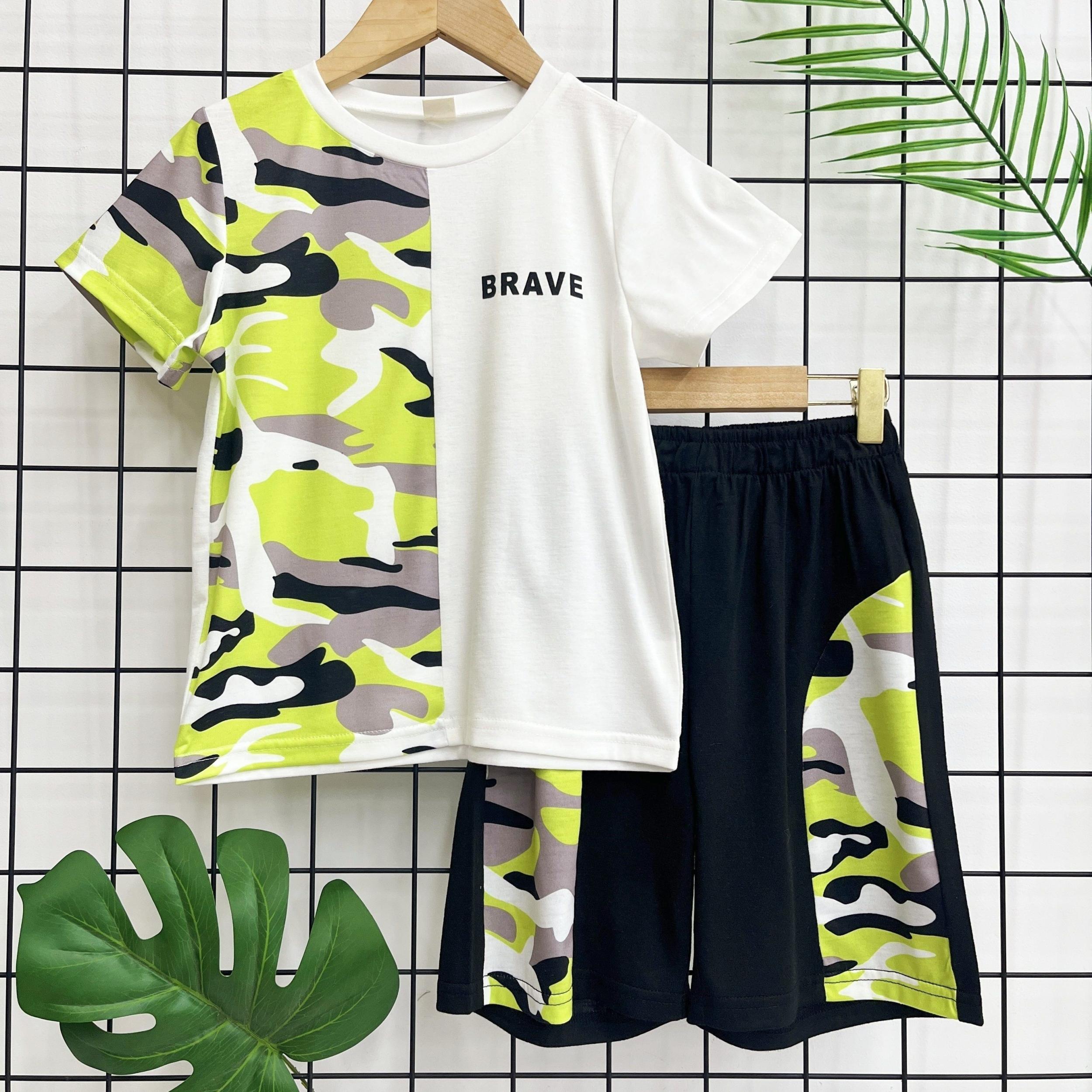 Boys Leopard & Letter Graphic Round Neck Casual T-Shirt & Track Shorts Set