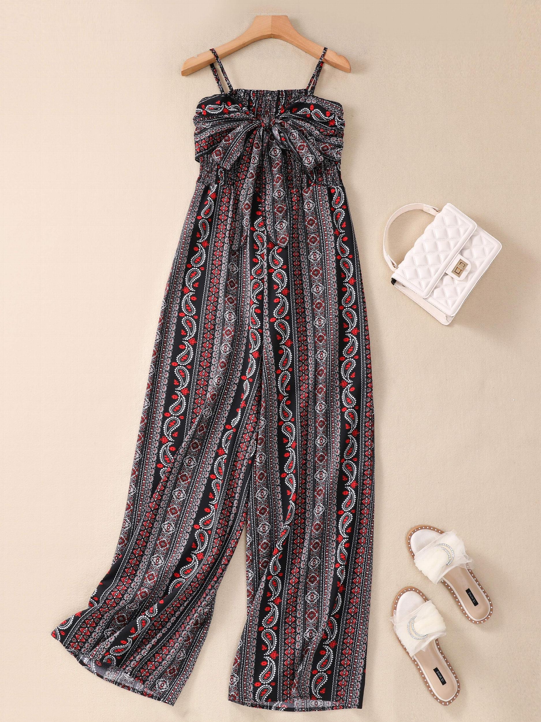 Paisley Print Tie Front Cami Jumpsuit Boho Wide Leg Backless Jumpsuit