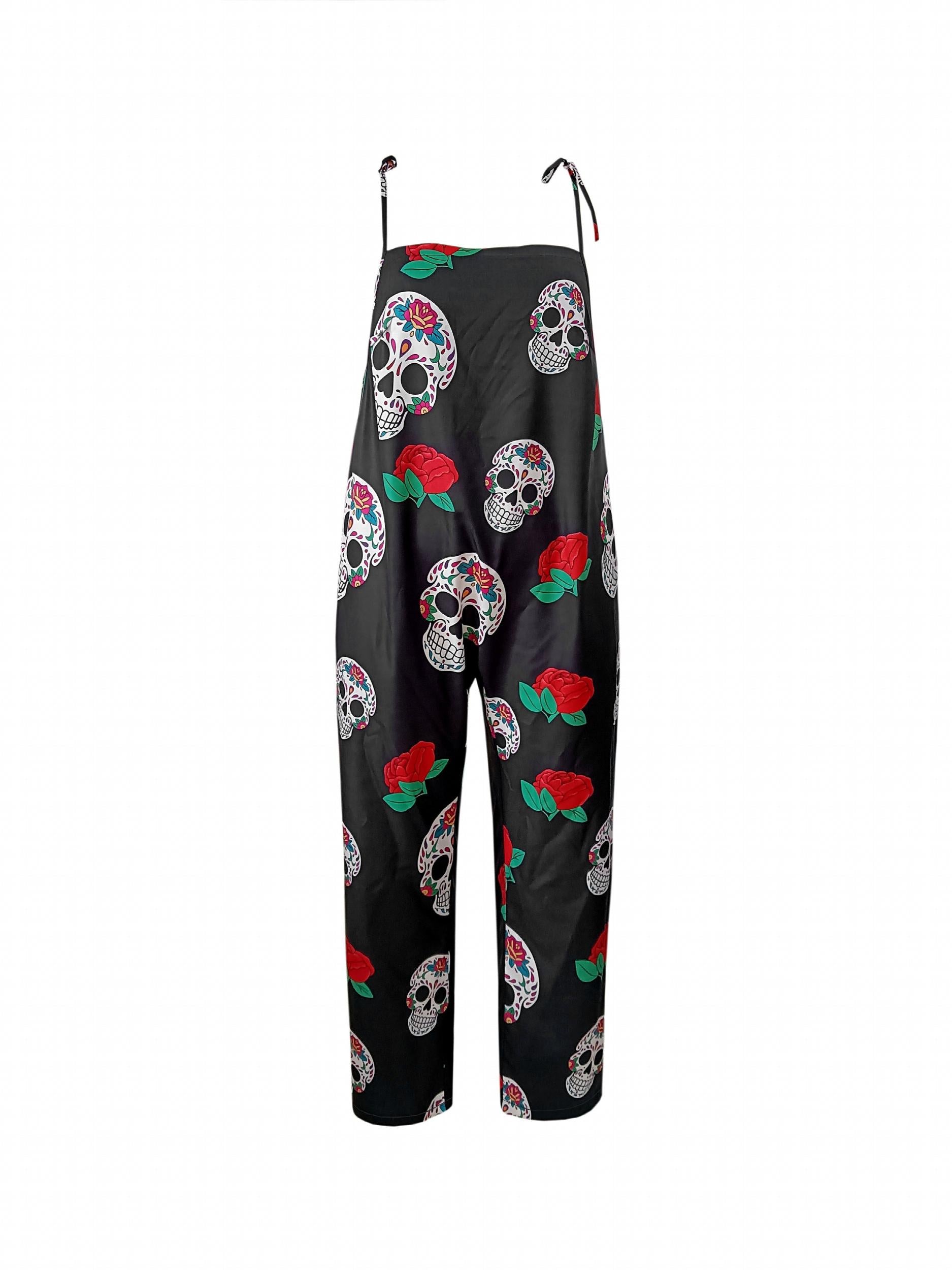 Rose & Skull Print Square Neck Jumpsuit