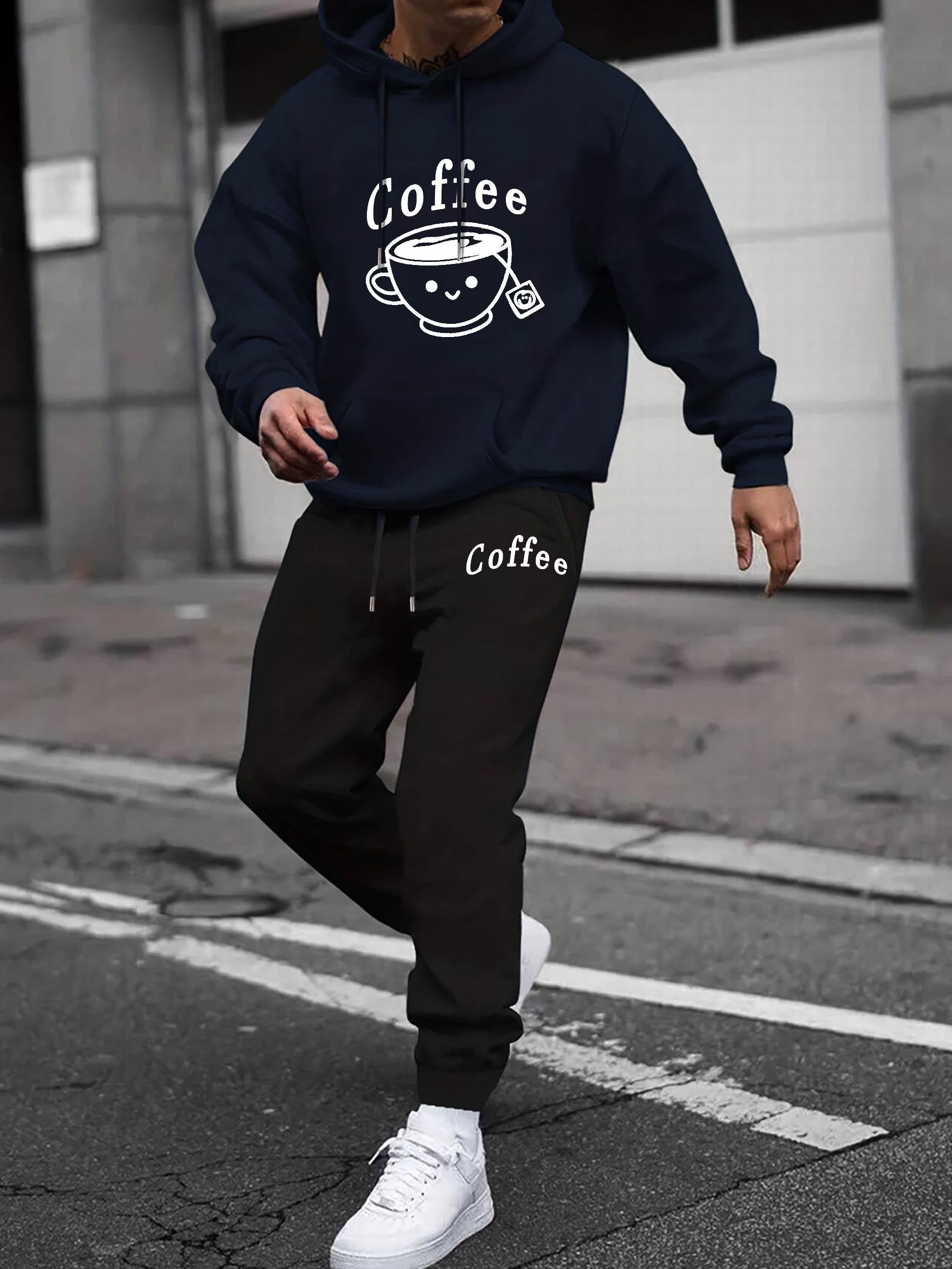 Men's Coffee Cup Print 2Pcs Outfits Crew Neck Long Sleeve T Shirt Hoodie & Sweat