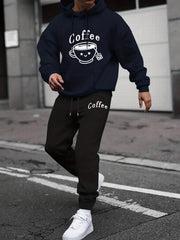 Men's Coffee Cup Print 2Pcs Outfits Crew Neck Long Sleeve T Shirt Hoodie & Sweat