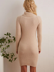 Ribbed Turtleneck Sweater Dress Slim Fit Long Sleeve Midi Dress
