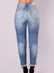 Solid Ripped Button Fly High Rise Tapered Leg Jeans
