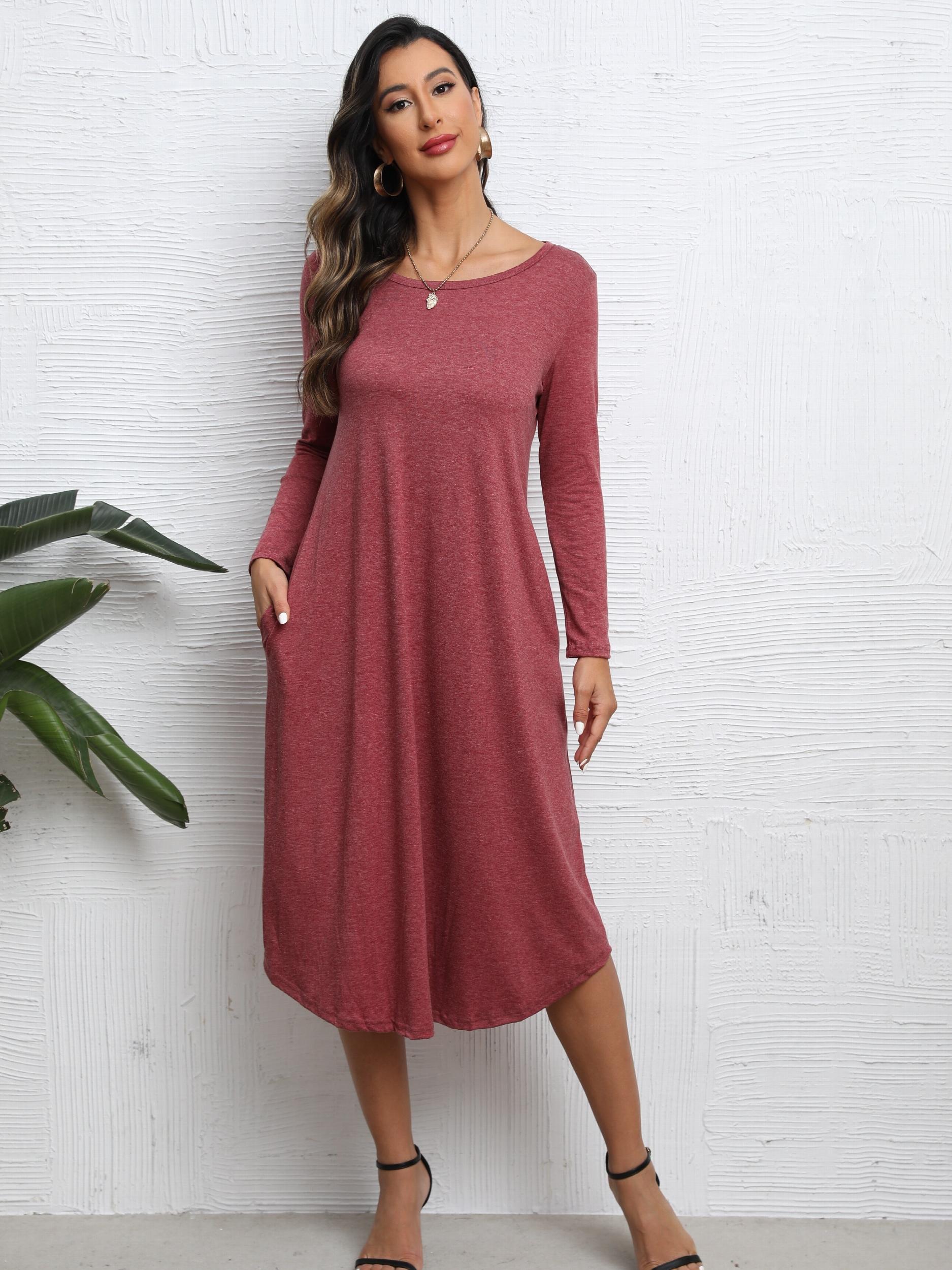 Solid Crew Neck Long Sleeve Midi Dress Women's Clothing