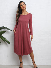 Solid Crew Neck Long Sleeve Midi Dress Women's Clothing