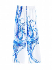 Octopus Print Thigh Split 2 Piece Beachwear Semi Sheer Kimono Cover Up & Pants