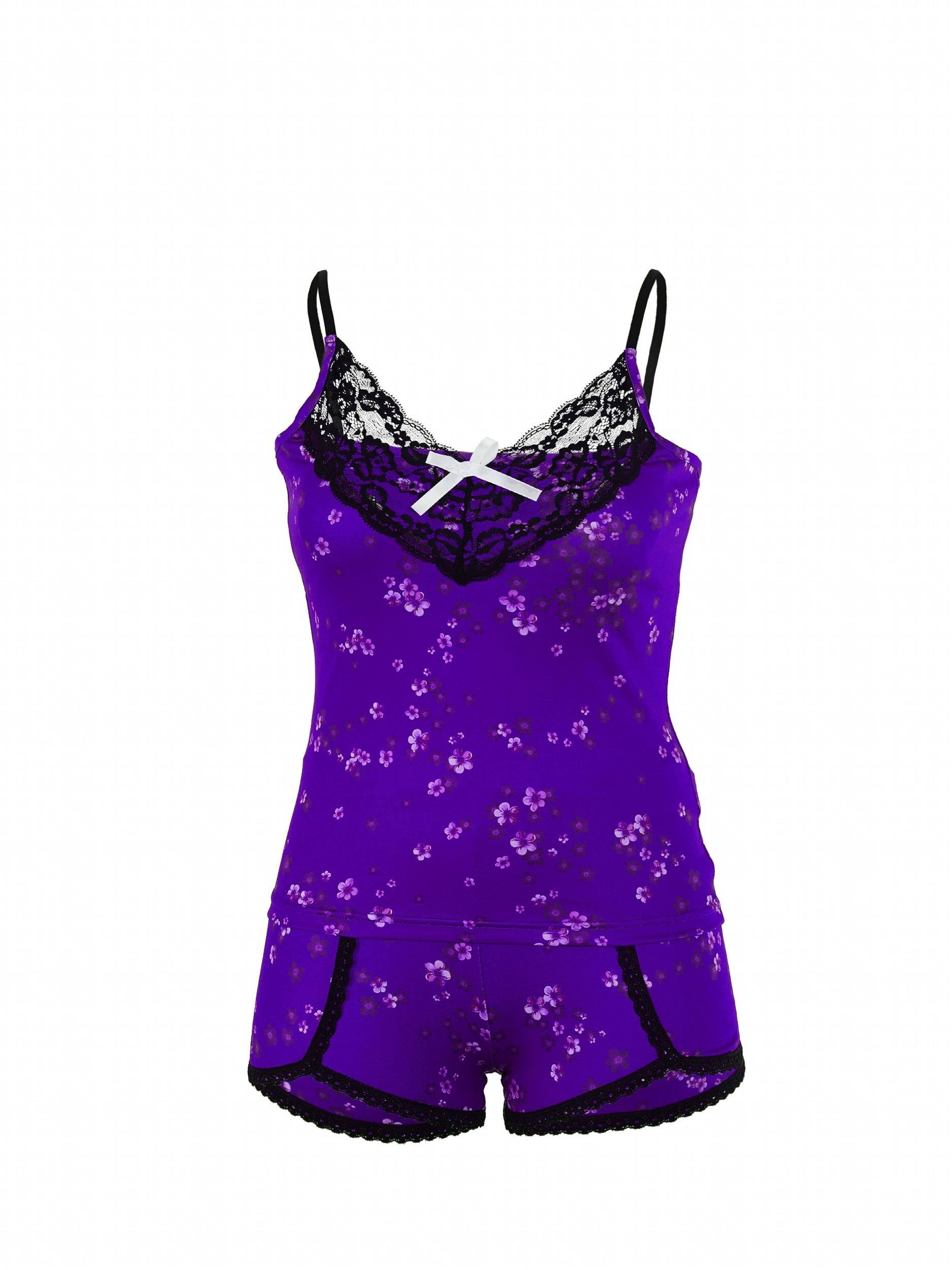 Floral Print Pajama Set Lace Stitching Cami Top & Shorts