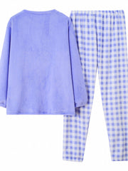 Gingham Flannel Pajama Set Women's Round Neck Sleepwear