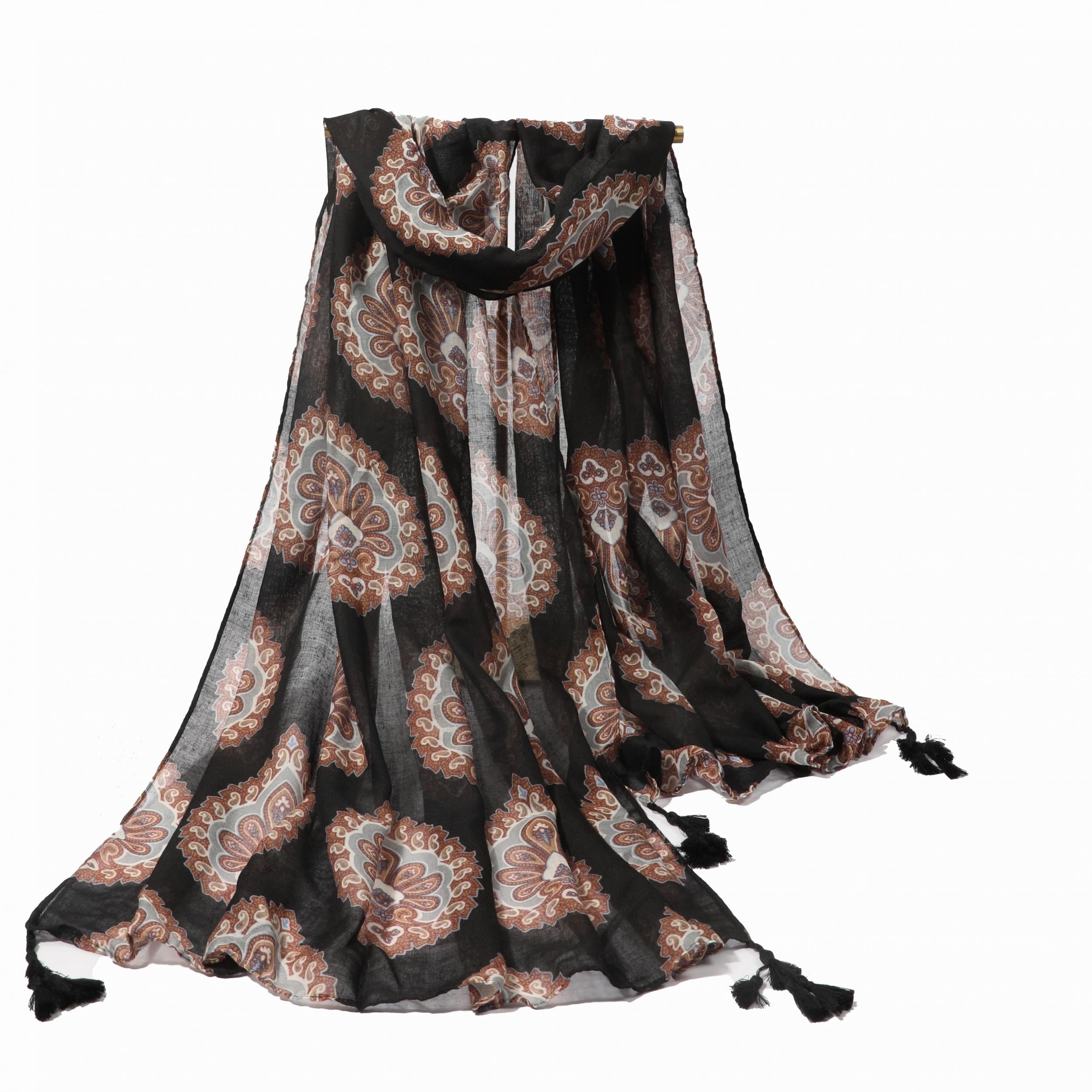 Boho Flower Print Scarf Vintage Tassel Shawl
