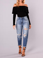 Solid Ripped Button Fly High Rise Tapered Leg Jeans