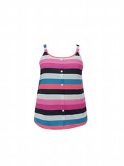 Colorful Strip Tank Top Round Neck Button Decor Slight Stretch