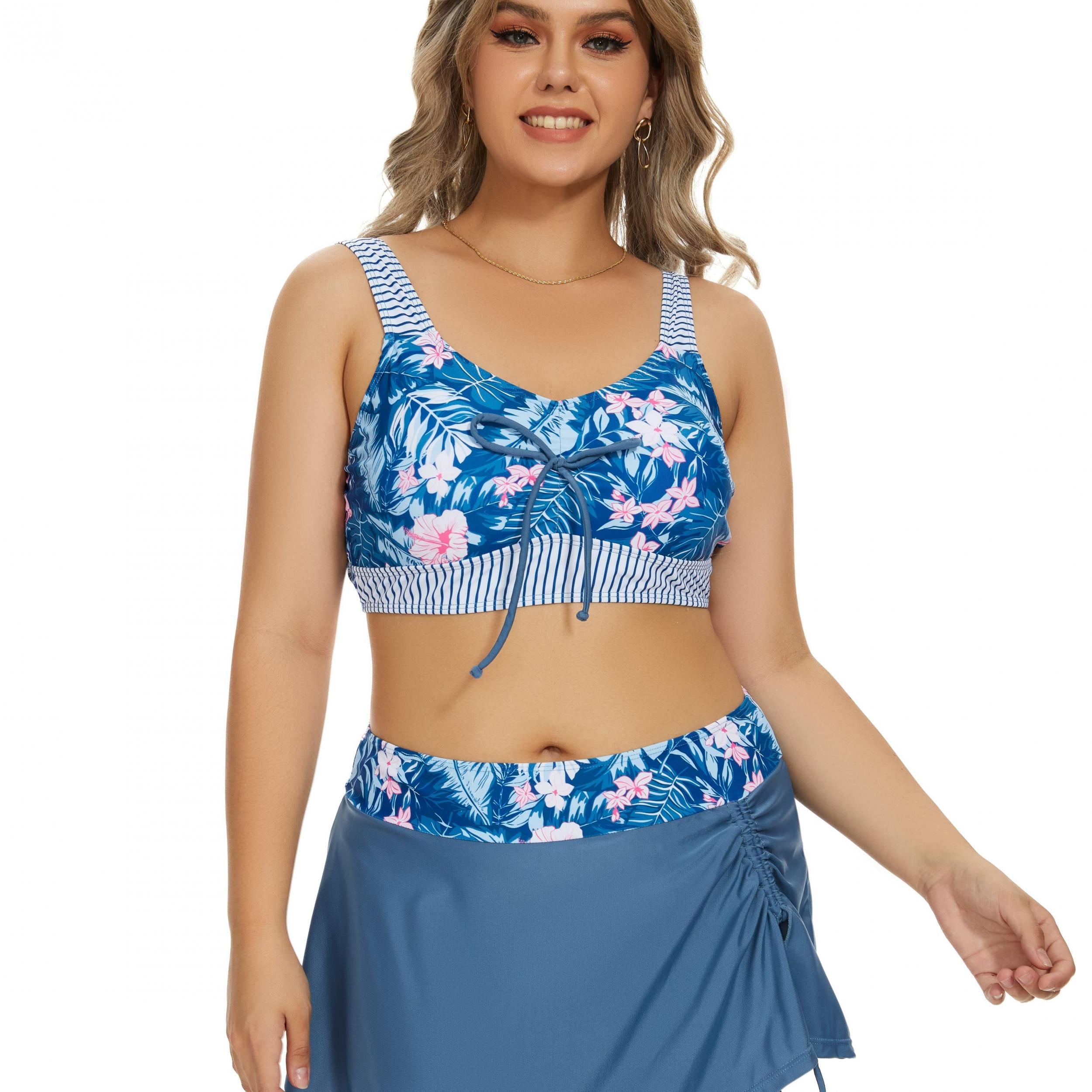 Boho Tankini Set Women's Plus Tie Front Tank Top & Lace Up Mini Skirt