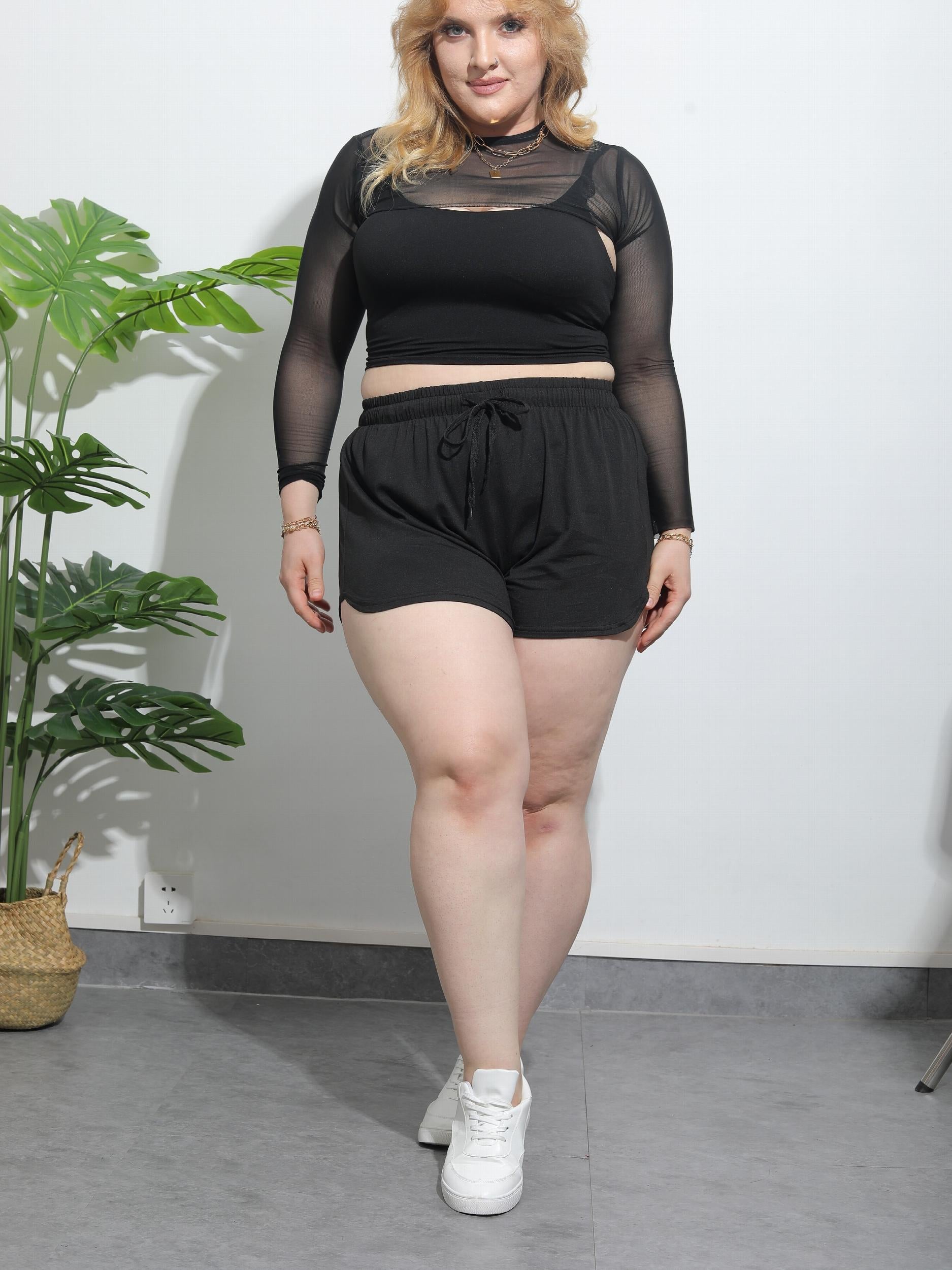 Women's Plus Solid Elastic Stretch Drawstring Loose Shorts