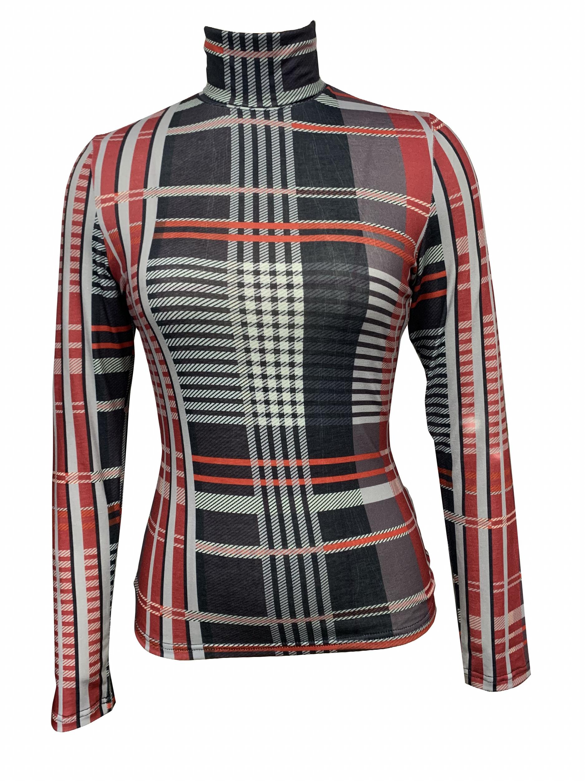 Plaid Turtleneck Slim T Shirt Casual Long Sleeve For Women