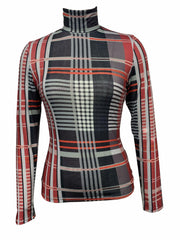 Plaid Turtleneck Slim T Shirt Casual Long Sleeve For Women