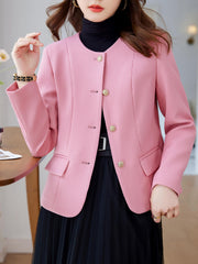 Solid Pocket Button Front Blazer Casual Long Sleeve Blazer