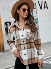 Plaid Print Shacket Button Front Collar Outerwear