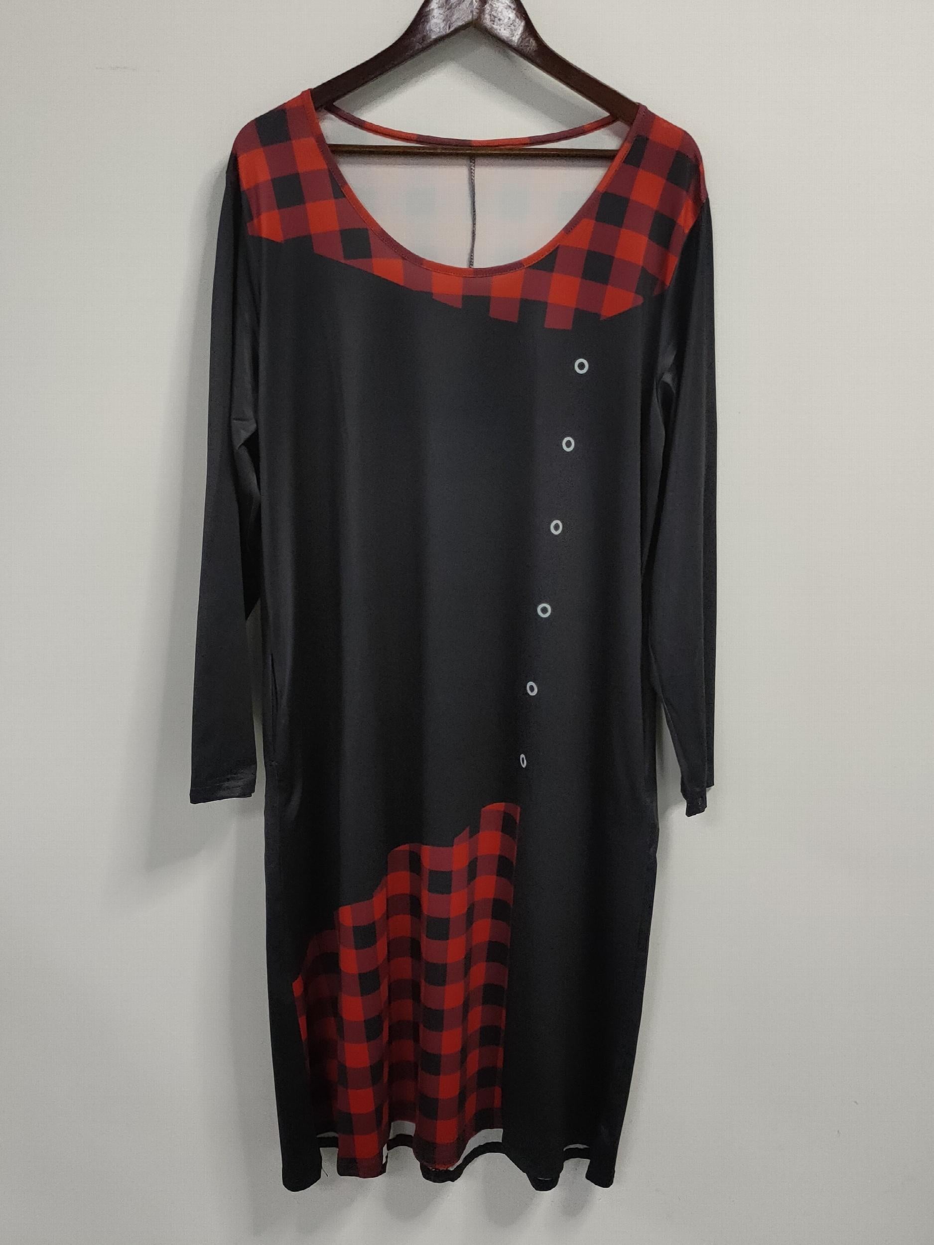 Gingham Print Stretch Dress with Pockets