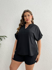 Solid Roll Up Batwing Sleeve Top & Pocketed Shorts Two Piece Set