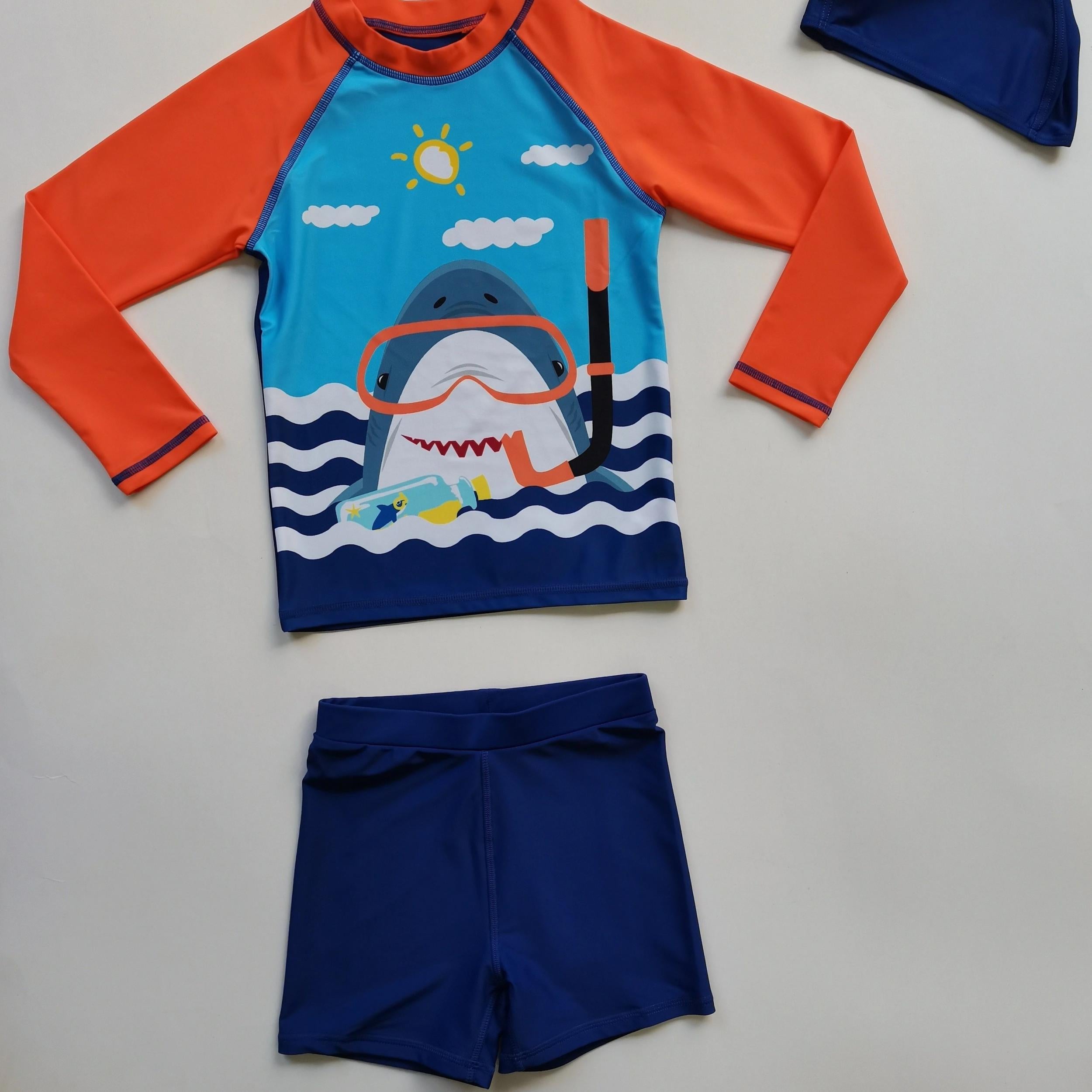 Boys Shark Print Swimming Suit Trunks & Tops & Cap Short Sleeves