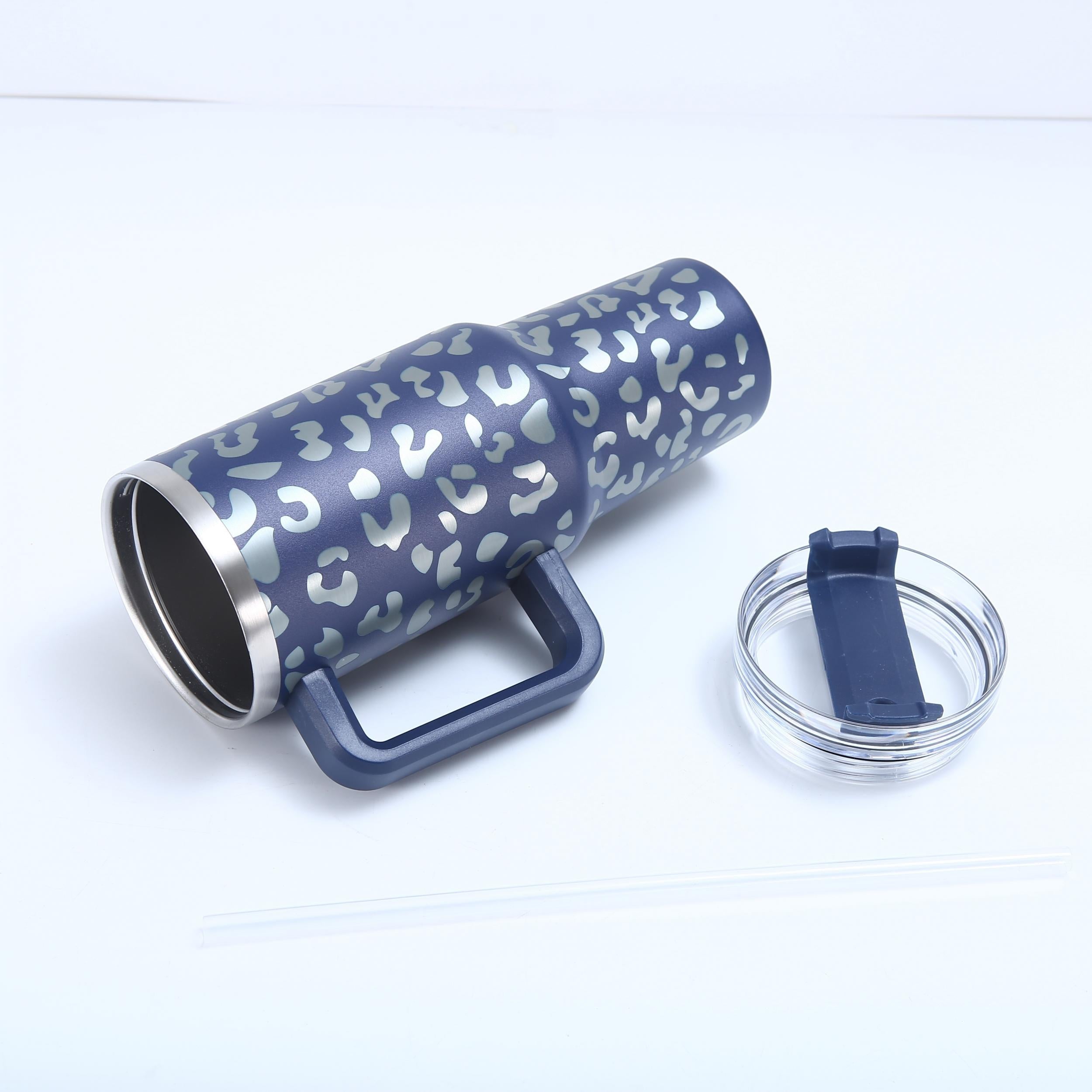 40oz Leopard Print Car Cup Handle Straw Cup Vacuum Tumbler