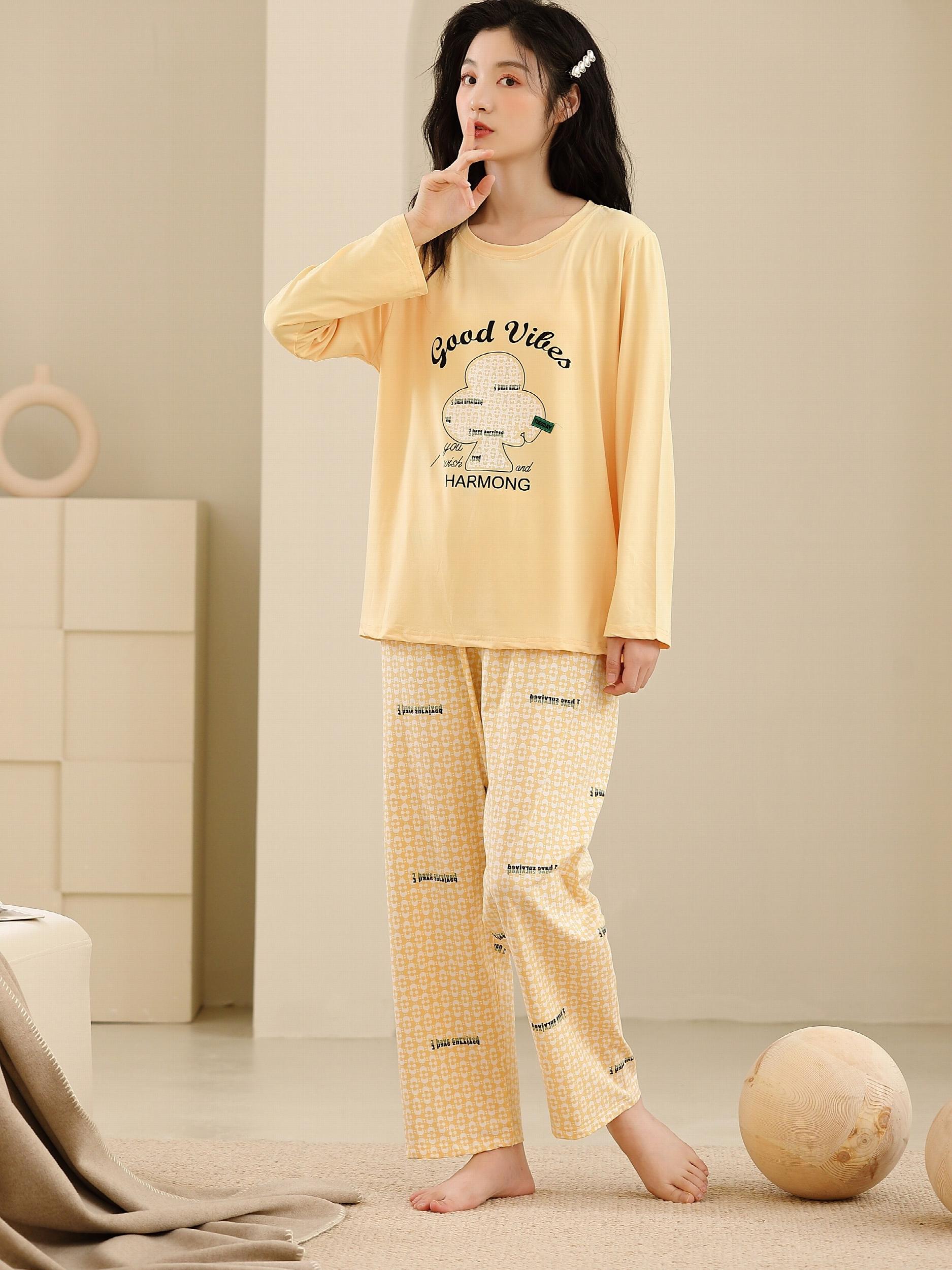 Letter Print Pajama Set Long Sleeve Top & Lounge Pants