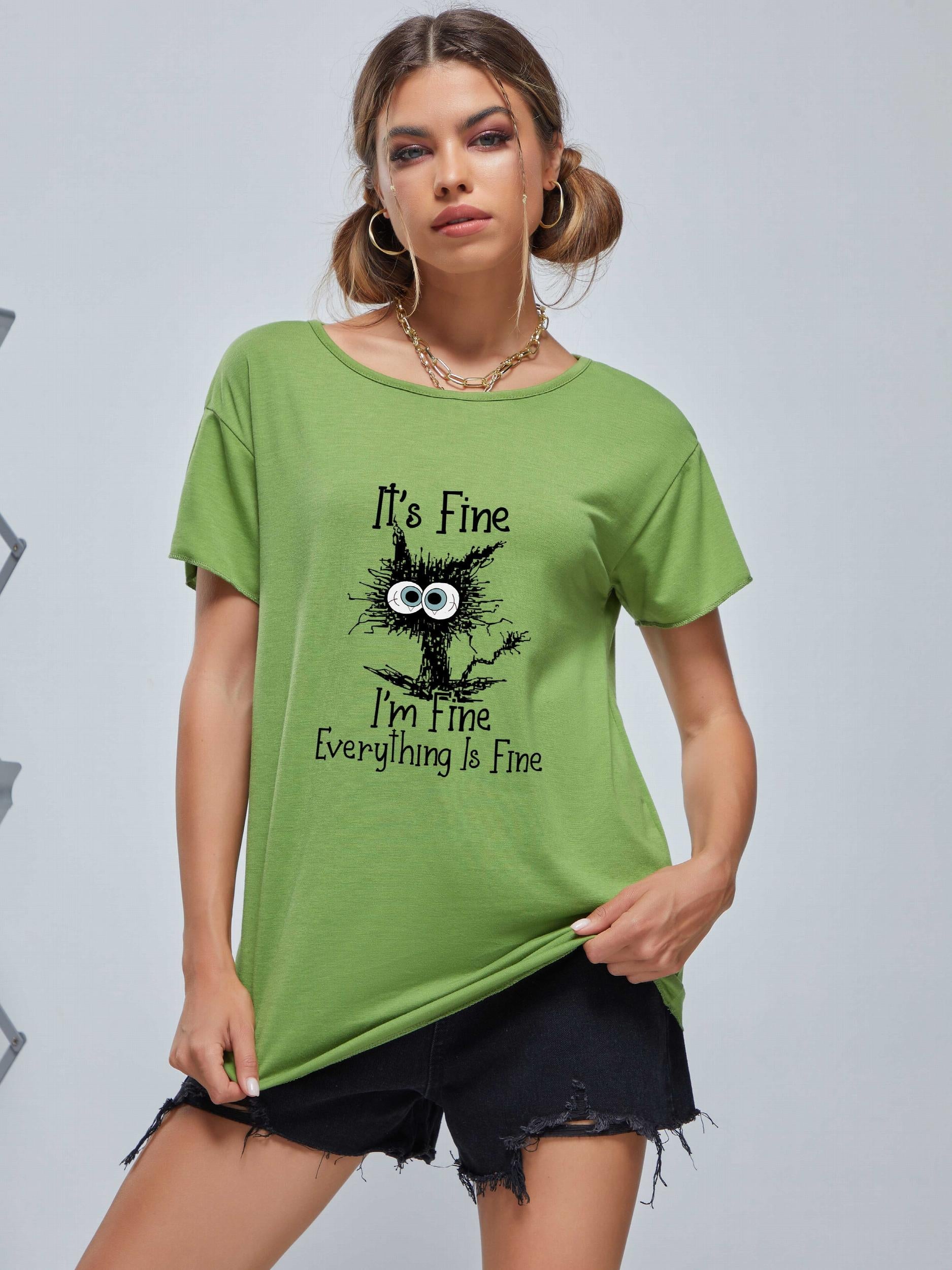 Cartoon Cat Print Short Sleeve T-shirt for Women