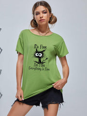 Cartoon Cat Print Short Sleeve T-shirt for Women