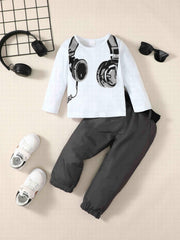 Boys 2pcs Sweatshirt Top & Joggers Pants Set Earphone Print Kids Clothes