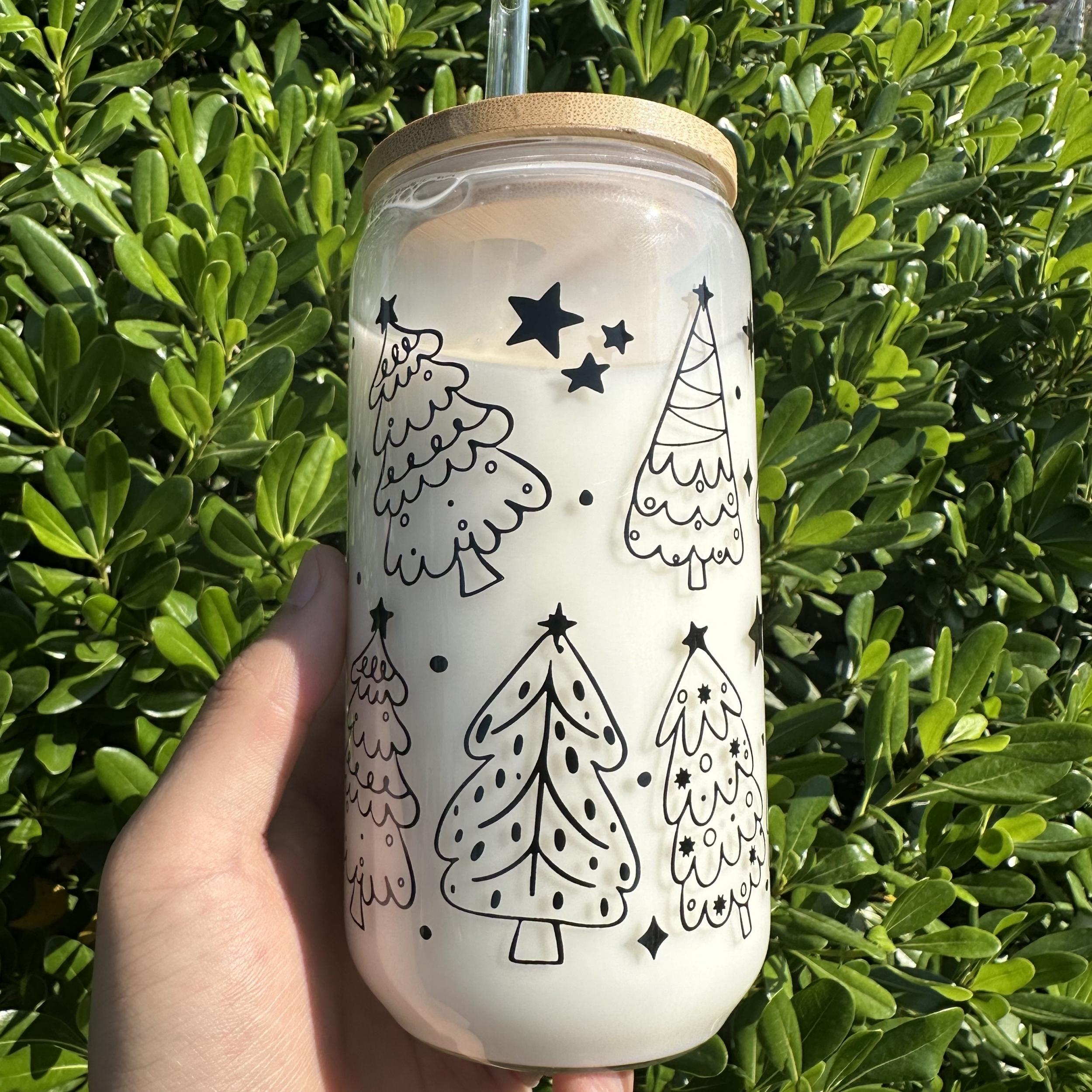 Christmas Tree Glass Cup Set with Lid & Straw 16oz 500ml Holiday Gift