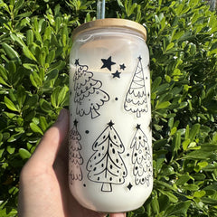 Christmas Tree Glass Cup Set with Lid & Straw 16oz 500ml Holiday Gift