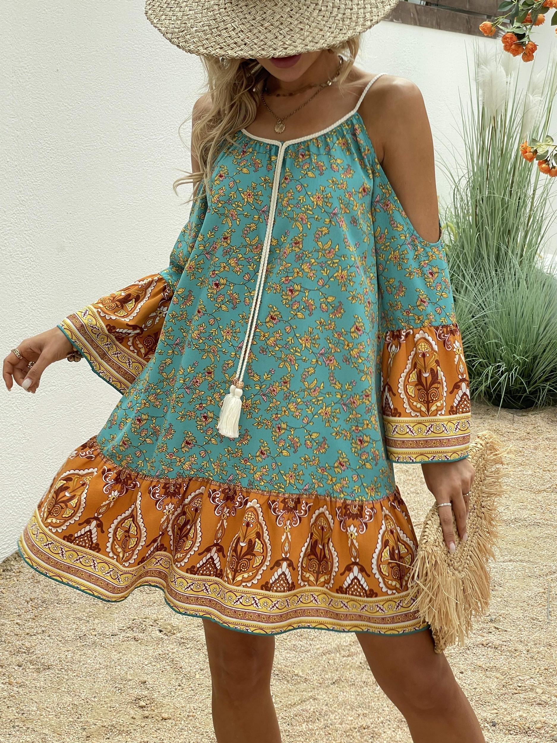 Floral Cold Shoulder Dress Crew Neck Women's Clothing
