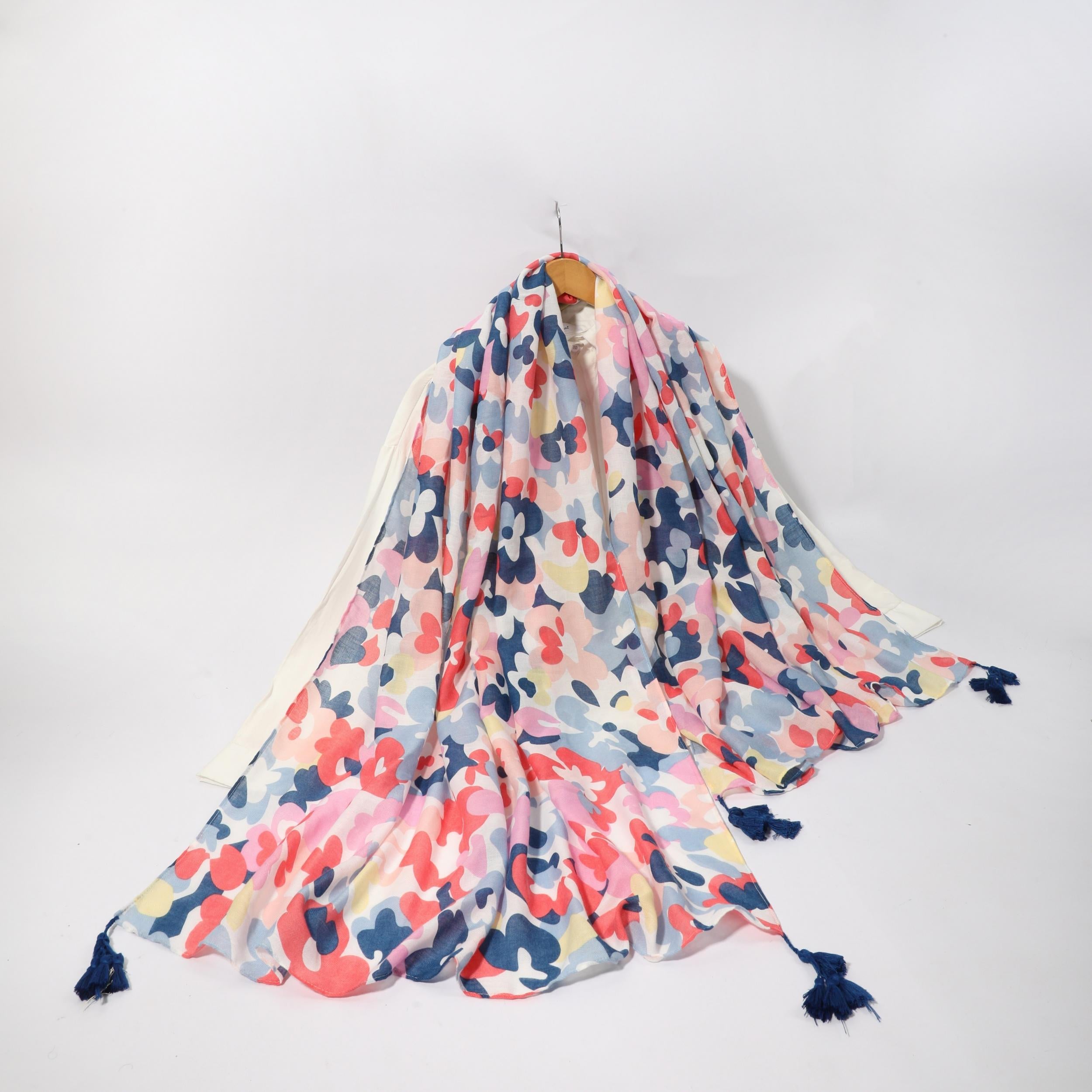 Boho Block Shawl Scarf Wrap with Fringe Trim