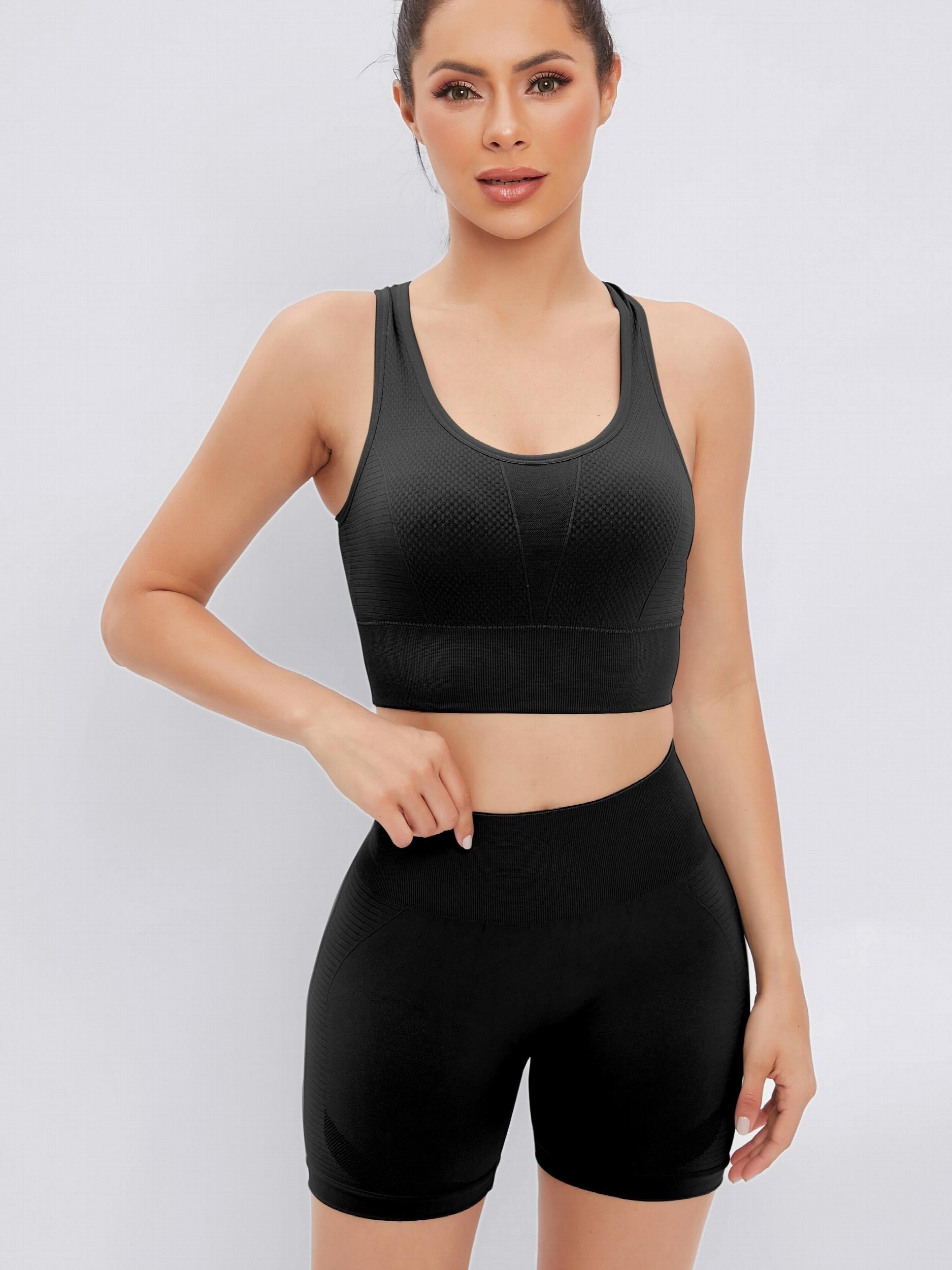 2pcs Workout Sets Solid Sports Bra & Butt Lifting Leggings Activewear