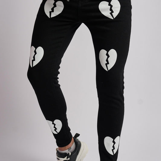 Broken Heart Pattern Slim Fit Jeans Men's Casual Street Style Denim Pants