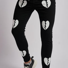 Broken Heart Pattern Slim Fit Jeans Men's Casual Street Style Denim Pants