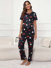Floral & Cherry Print Pajama Set Short Sleeve Top & Pants Women's Sleepwear