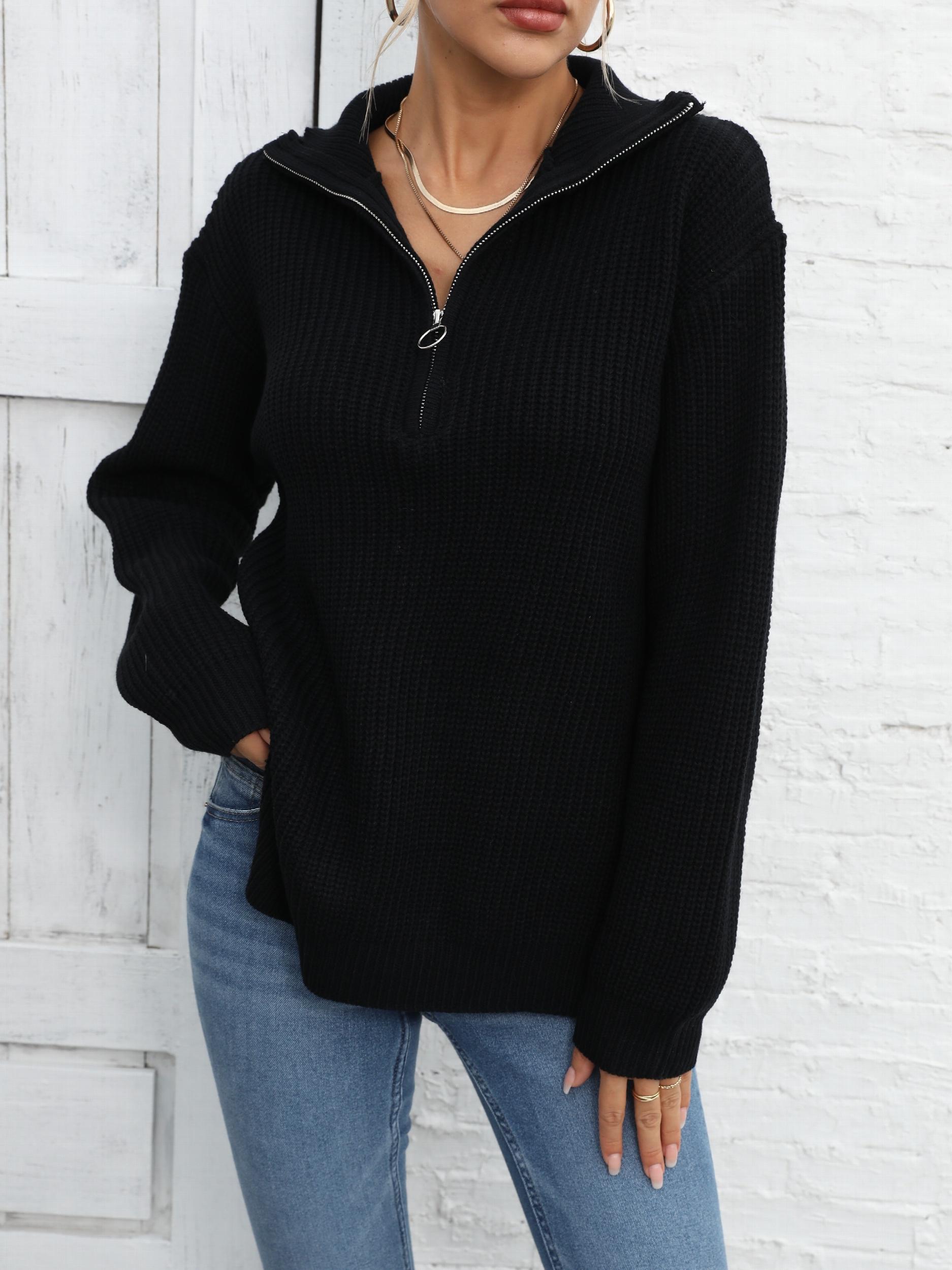 Long Sleeve Half Zip Side Slit Sweater for Winter & Fall