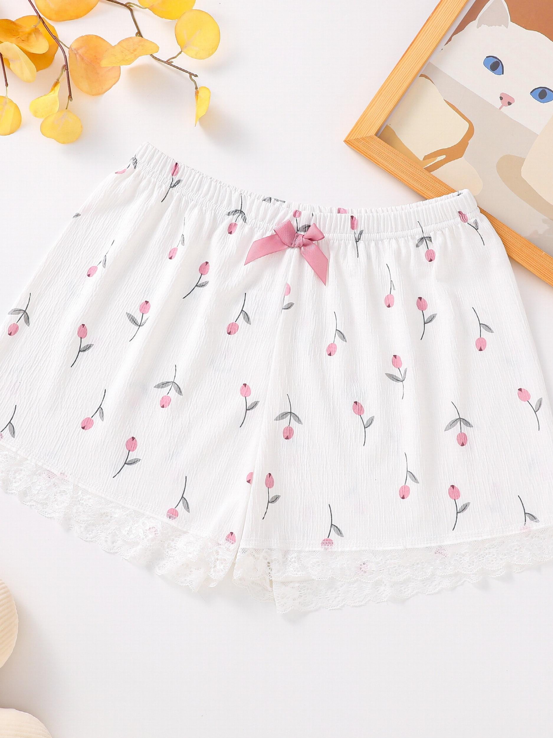 Floral Print Lace Trim Bow Shorts Soft & Comfy Sleepwear
