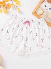 Floral Print Lace Trim Bow Shorts Soft & Comfy Sleepwear