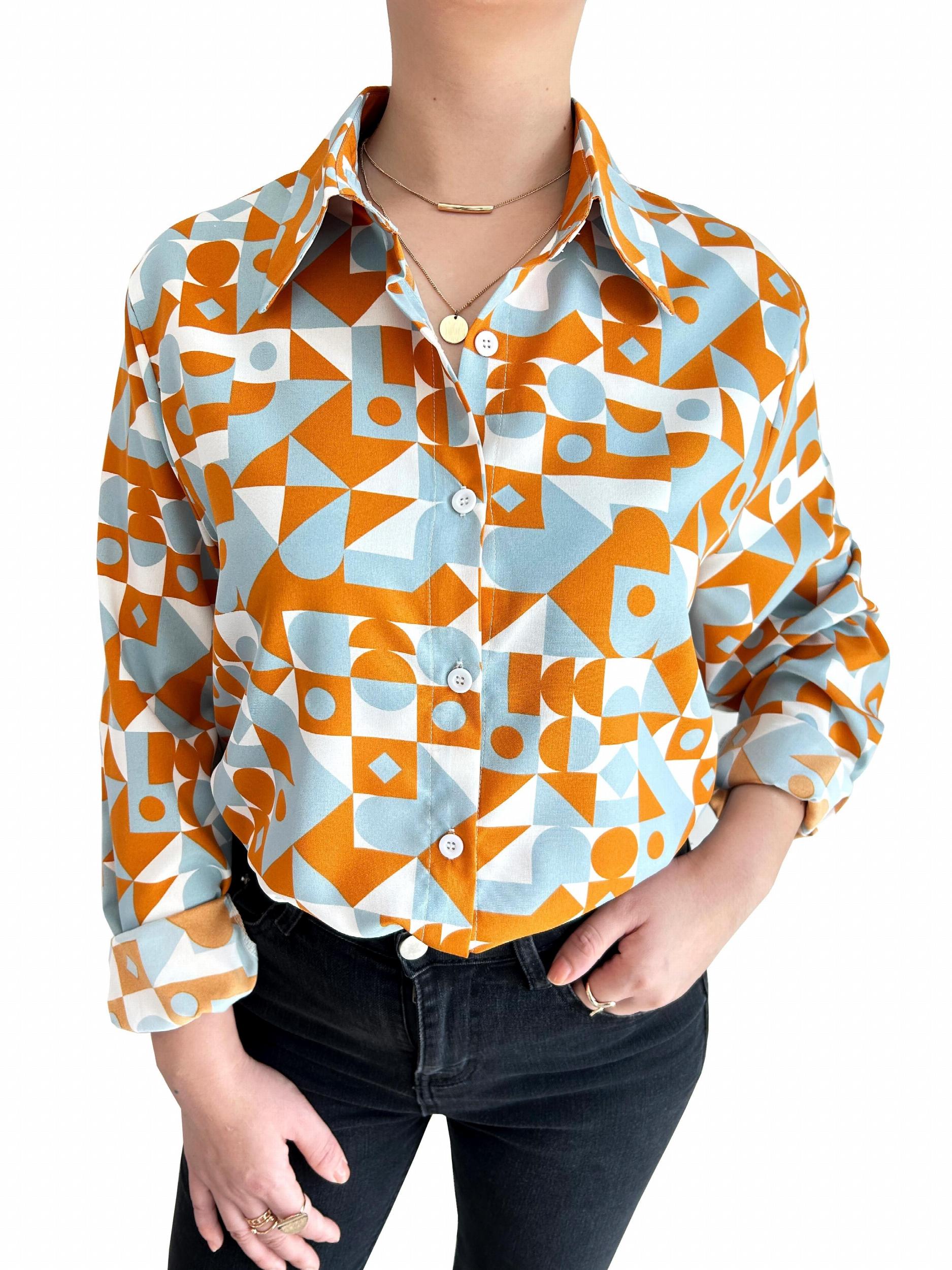 Geometric Print Plus Size Blouse Women's Long Sleeve Shirt